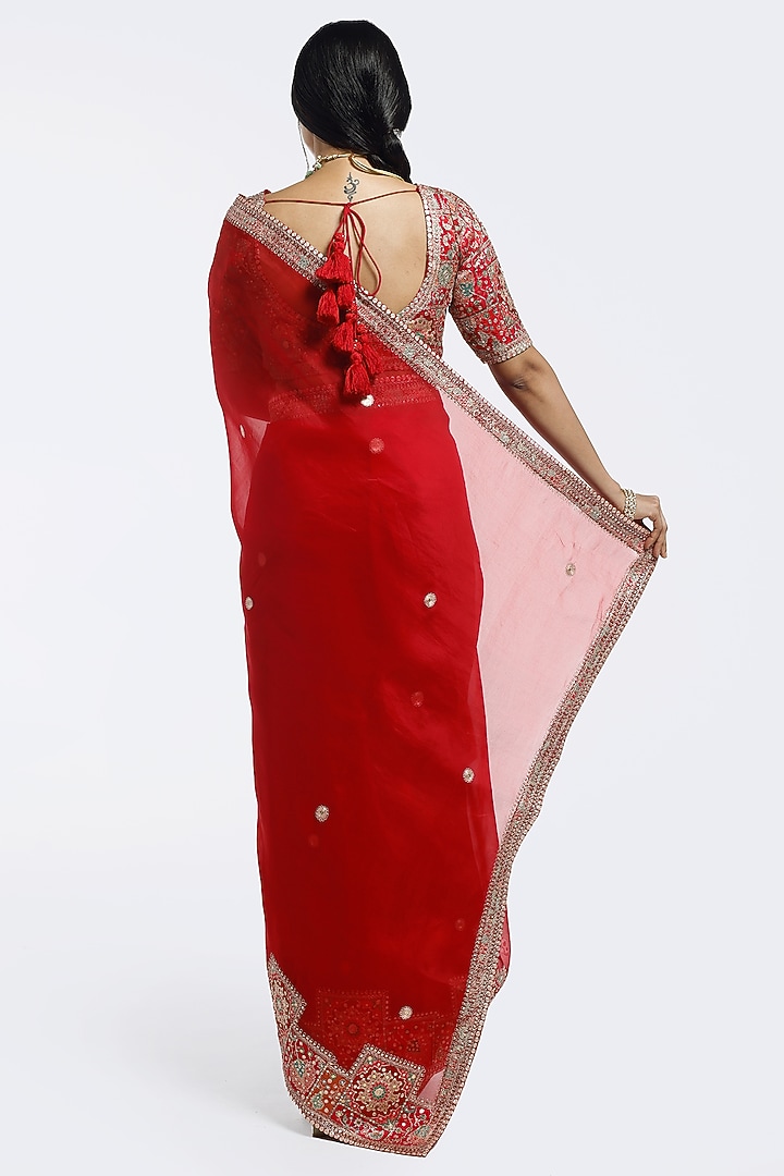 Red Tissue Sequin Embellished Wedding Saree Set by Onaya at Pernia's Pop Up Shop