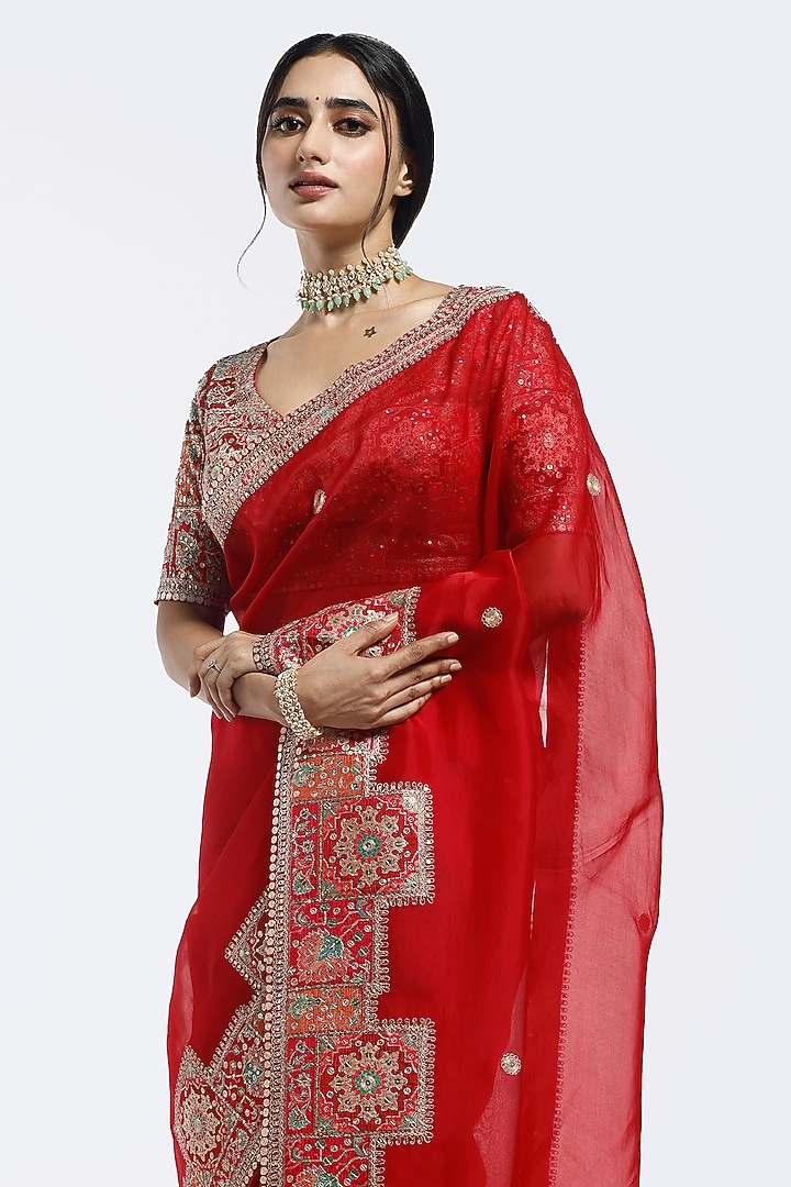 Red Tissue Sequin Embellished Wedding Saree Set by Onaya at Pernia's Pop Up Shop