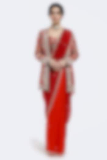 Red Tissue Sequin Embellished Jacket Party Wear Saree Set by Onaya at Pernia's Pop Up Shop