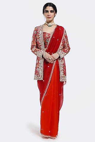 Red Tissue Sequin Embellished Jacket Saree Set by Onaya