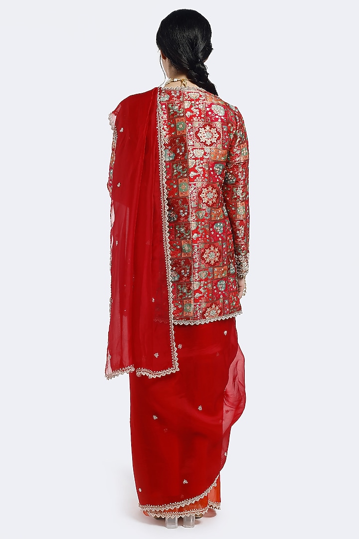 Red Tissue Sequin Embellished Jacket Party Wear Saree Set by Onaya at Pernia's Pop Up Shop