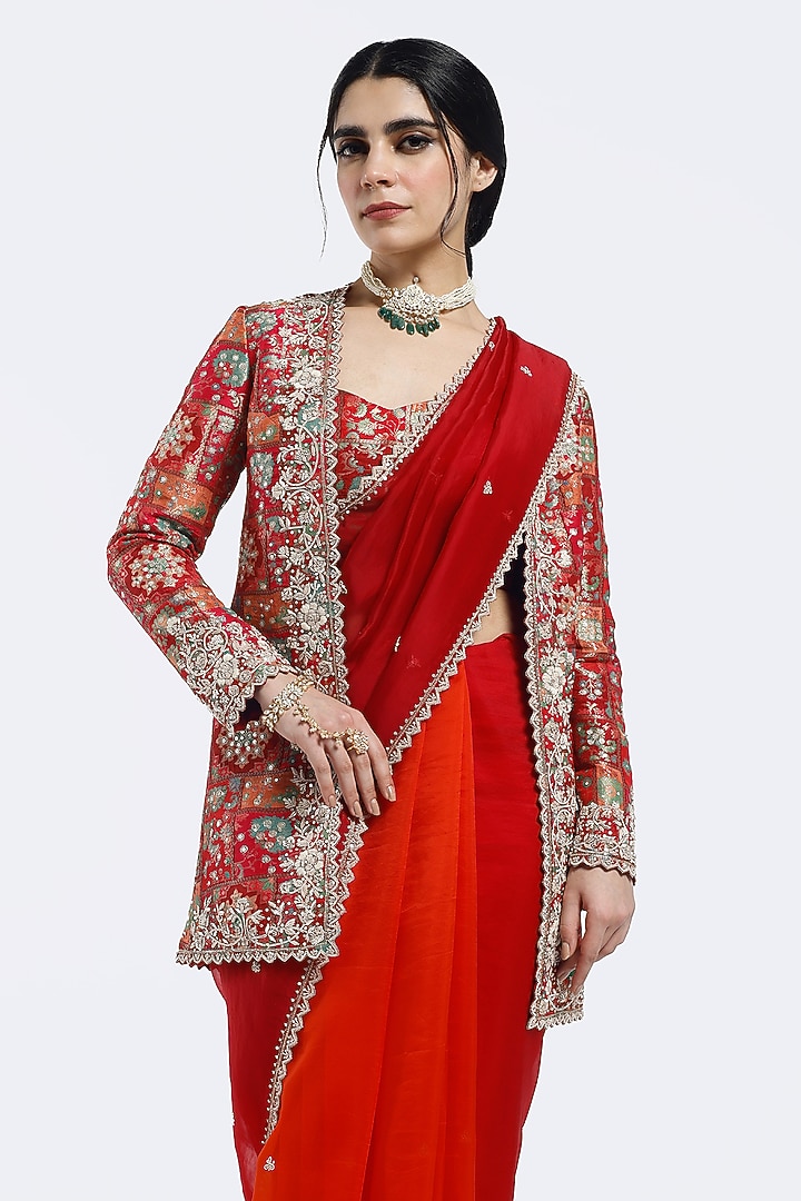 Red Tissue Sequin Embellished Jacket Party Wear Saree Set by Onaya at Pernia's Pop Up Shop