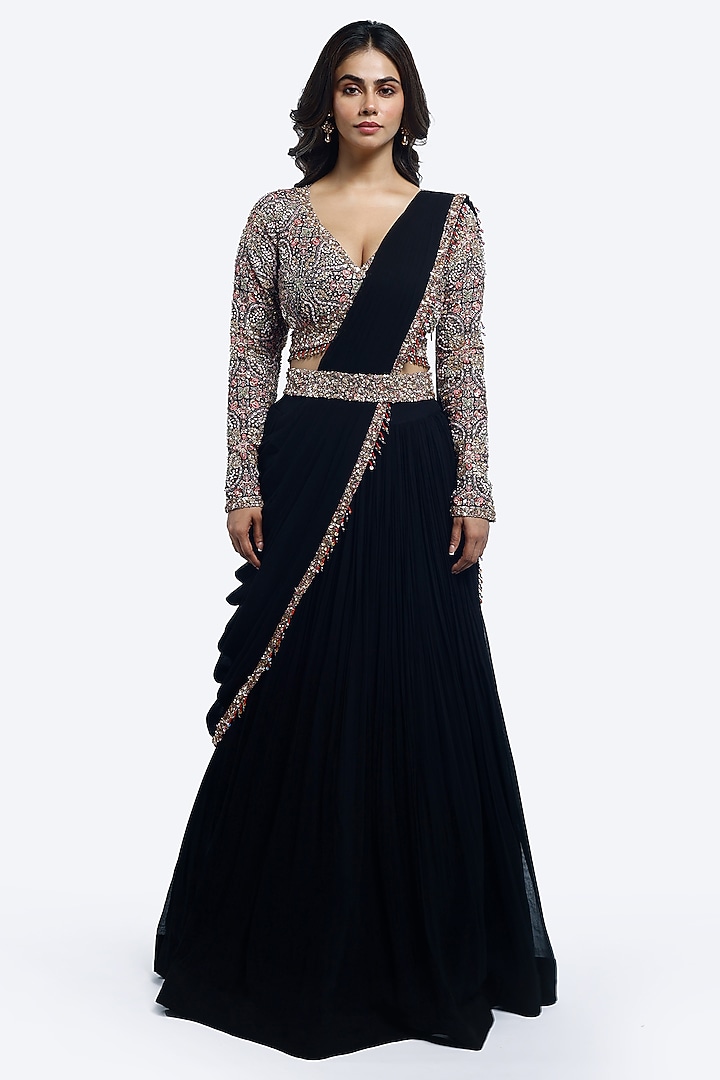Black Georgette Embellished Pleated Wedding Lehenga Set by Onaya at Pernia's Pop Up Shop