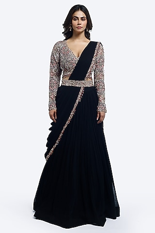 Black Georgette Embellished Pleated Lehenga Set by Onaya