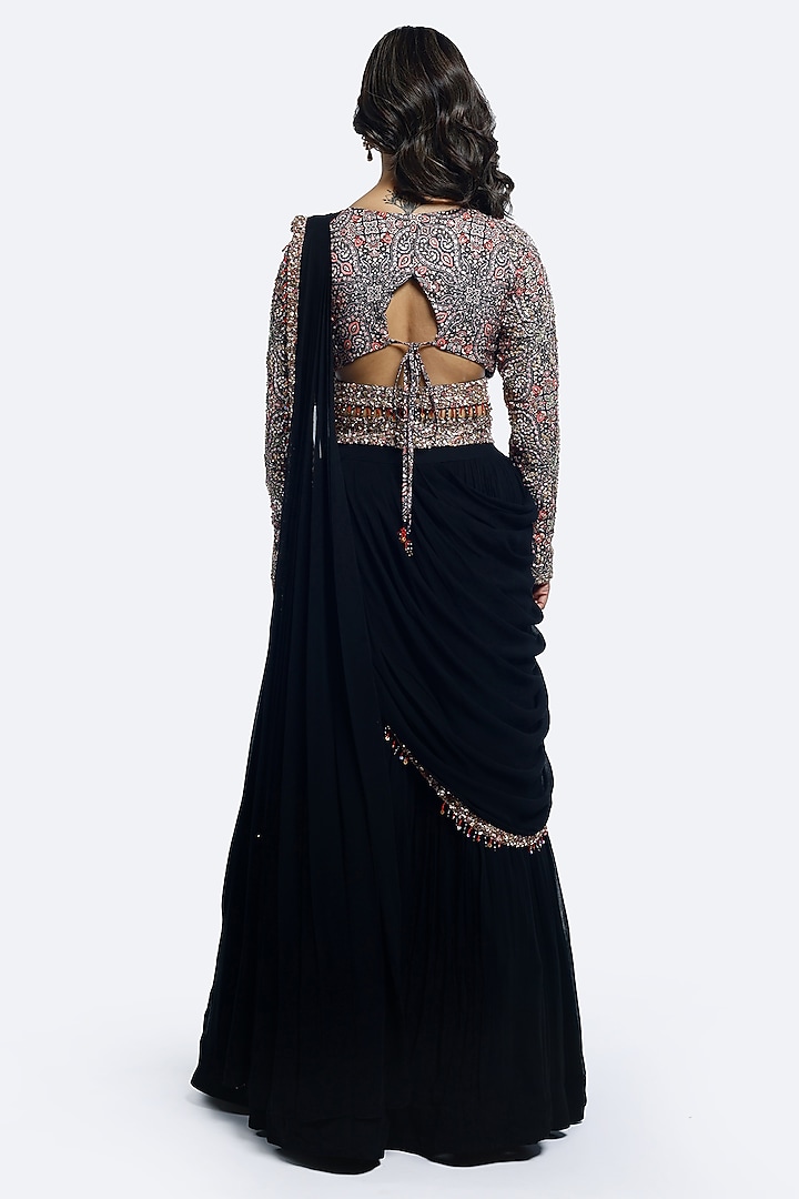 Black Georgette Embellished Pleated Wedding Lehenga Set by Onaya at Pernia's Pop Up Shop