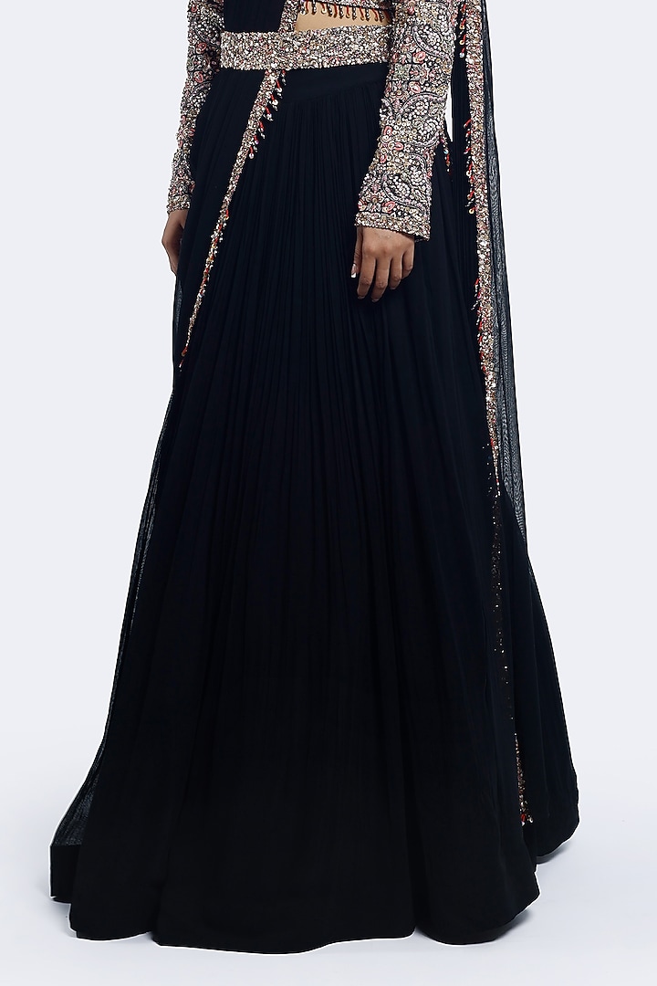 Black Georgette Embellished Pleated Wedding Lehenga Set by Onaya at Pernia's Pop Up Shop