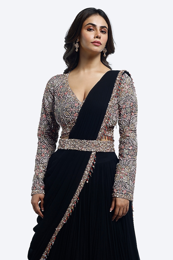 Black Georgette Embellished Pleated Wedding Lehenga Set by Onaya at Pernia's Pop Up Shop