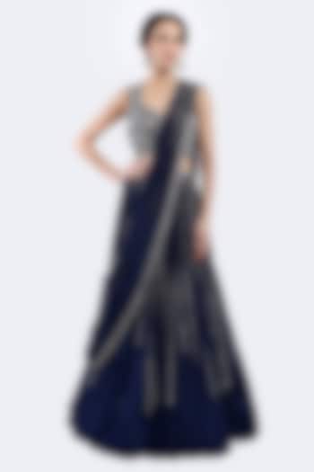 Navy Blue Crepe Cutdana Embellished Wedding Lehenga Set by Onaya at Pernia's Pop Up Shop