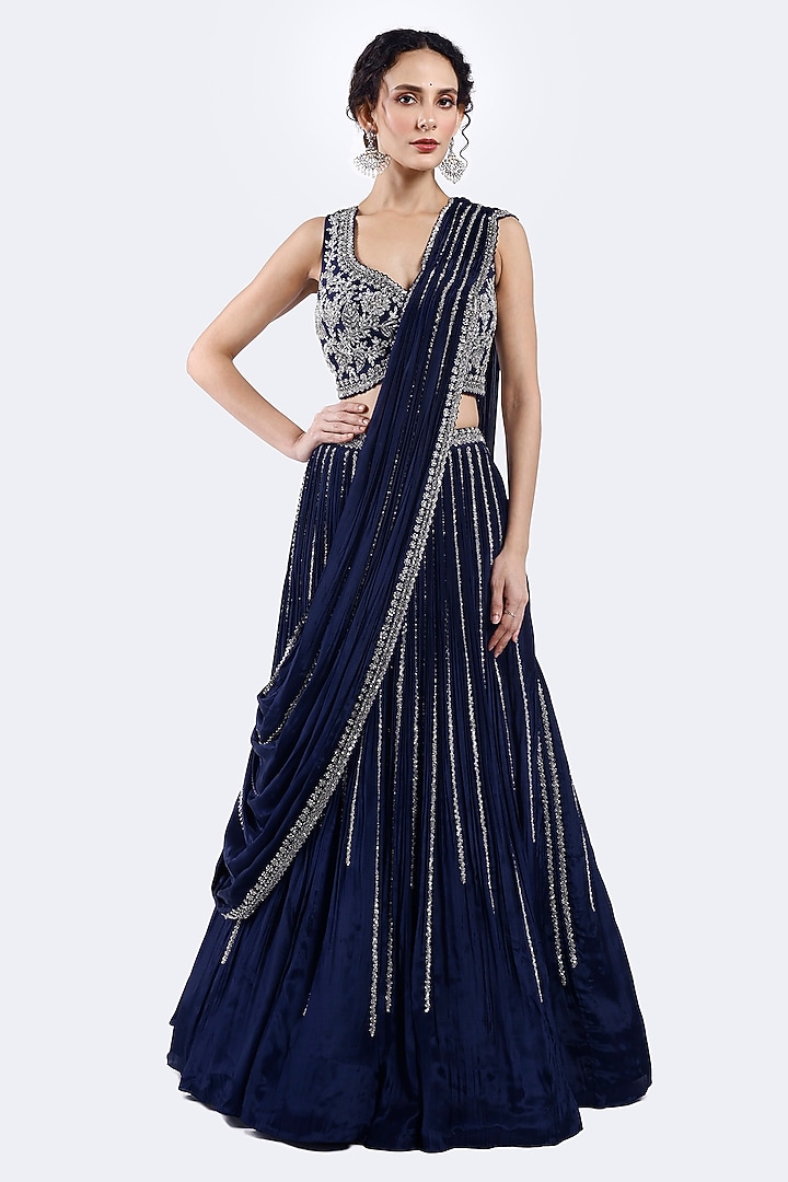 Navy Blue Crepe Cutdana Embellished Wedding Lehenga Set by Onaya at Pernia's Pop Up Shop