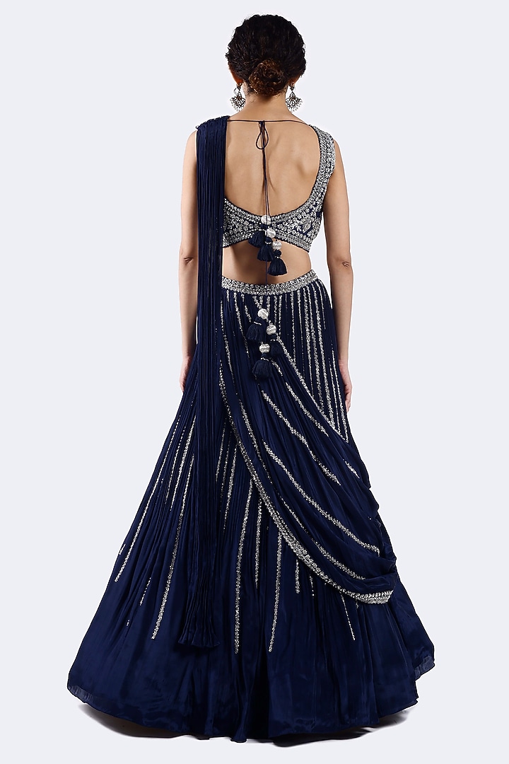 Navy Blue Crepe Cutdana Embellished Wedding Lehenga Set by Onaya at Pernia's Pop Up Shop