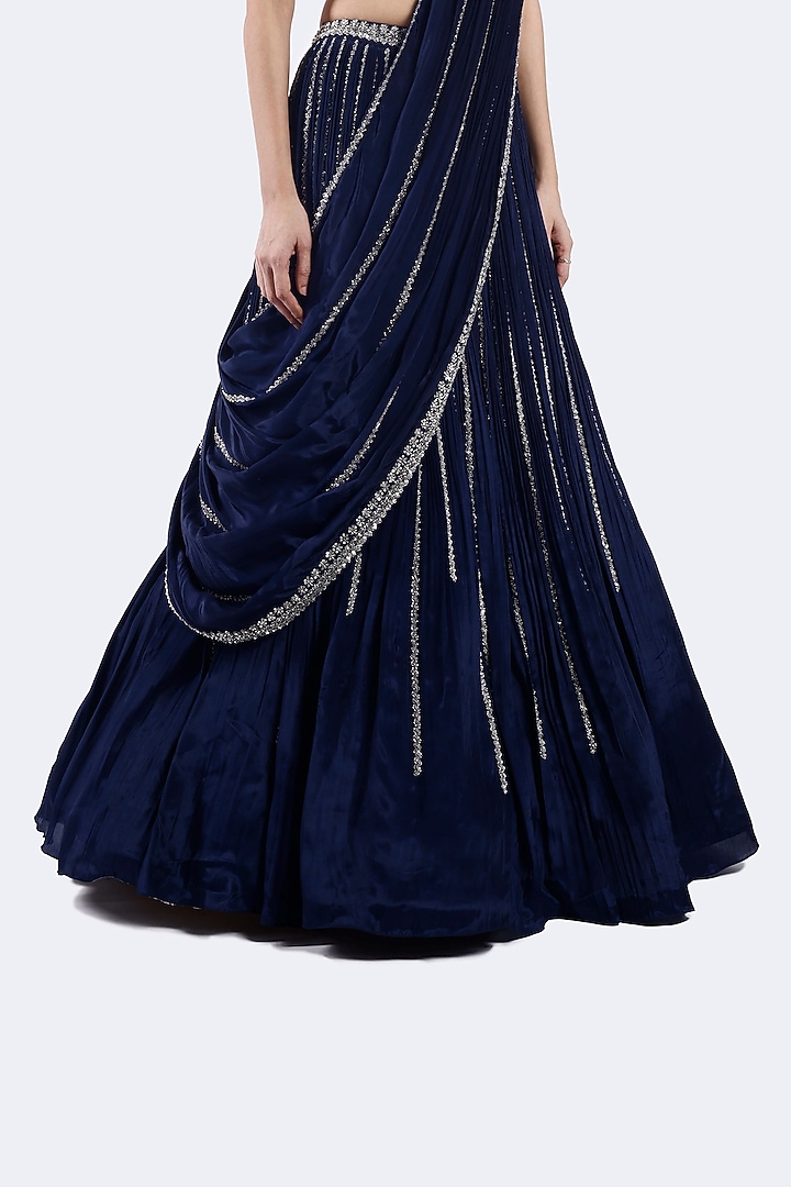 Navy Blue Crepe Cutdana Embellished Wedding Lehenga Set by Onaya at Pernia's Pop Up Shop