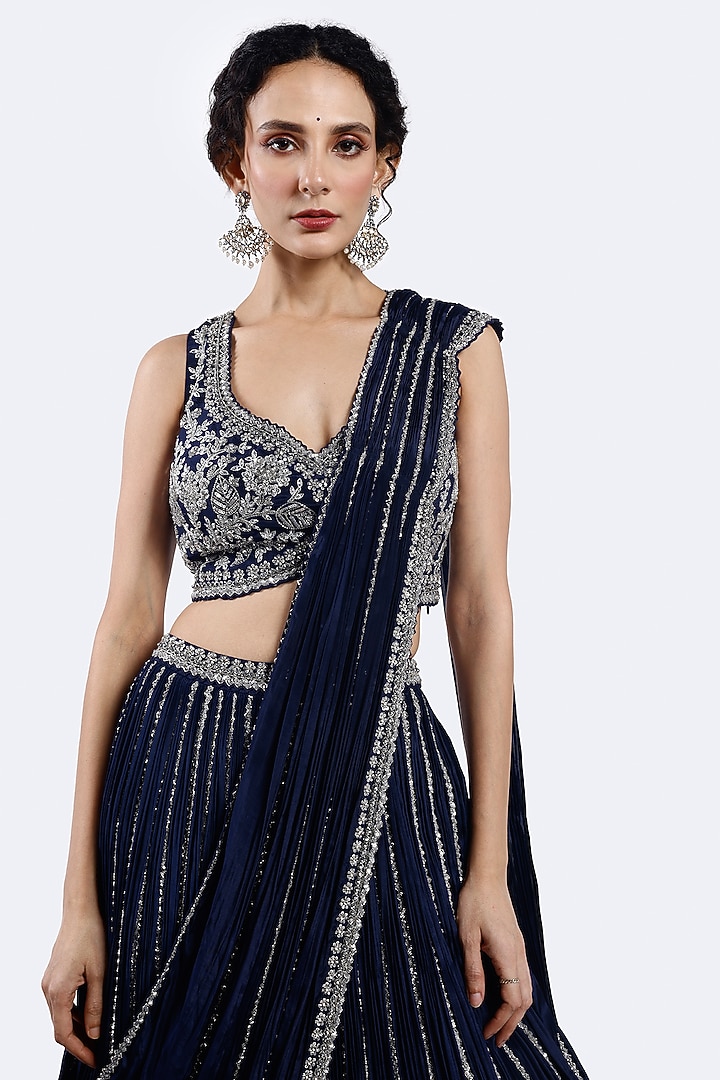 Navy Blue Crepe Cutdana Embellished Wedding Lehenga Set by Onaya at Pernia's Pop Up Shop