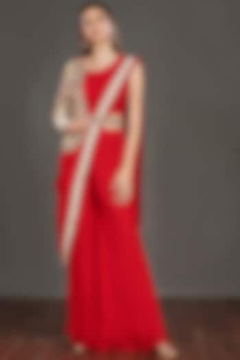 Red Georgette Pant Saree Set by Onaya