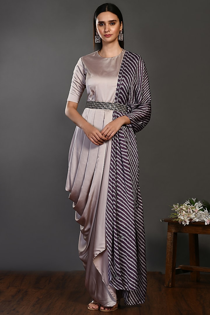 Beige Printed Gown Set by Onaya