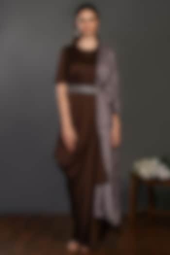 Brown Satin Printed Gown Set by Onaya at Pernia's Pop Up Shop