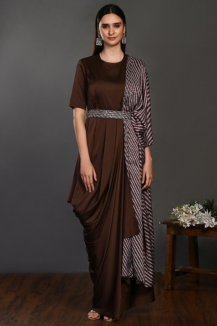 Brown Satin Printed Gown Set by Onaya