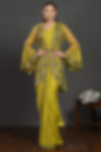Lime Yellow Draped Saree Set With Jacket by Onaya