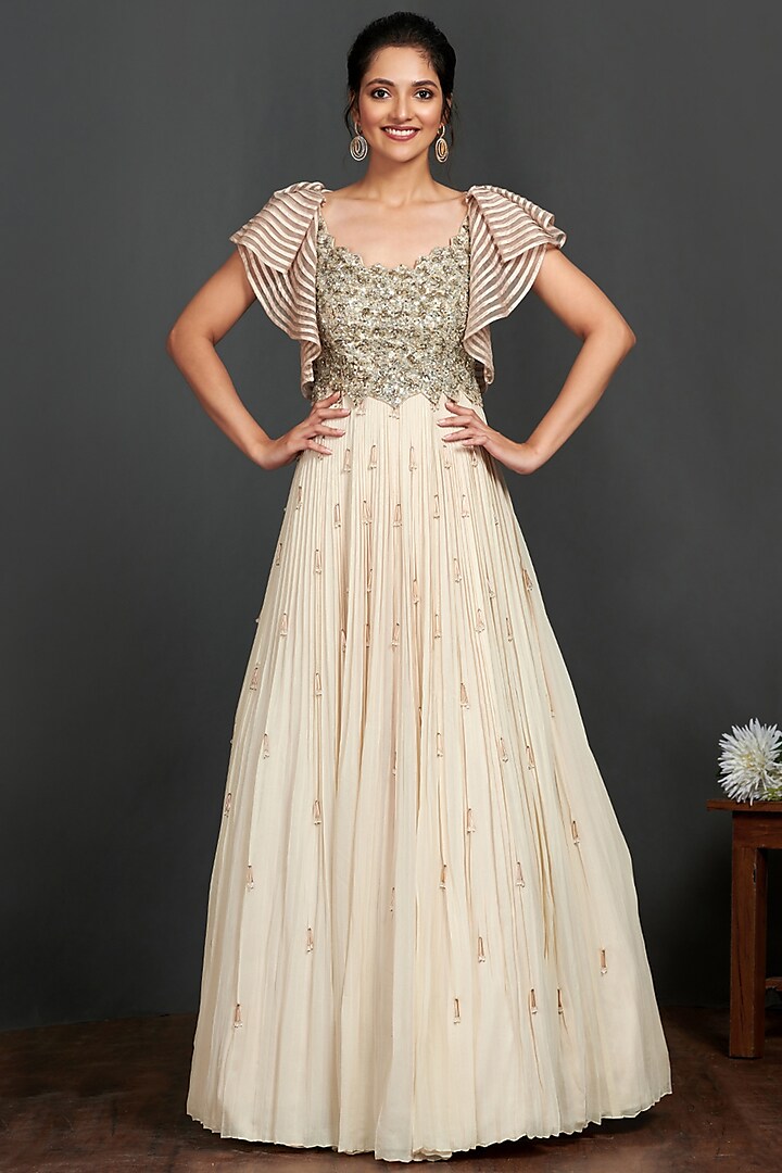 Ivory Embroidered Pleated Gown by Onaya at Pernia's Pop Up Shop