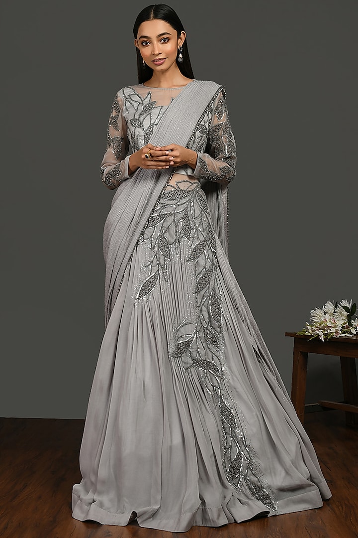 Grey Satin Gown Saree by Onaya at Pernia's Pop Up Shop