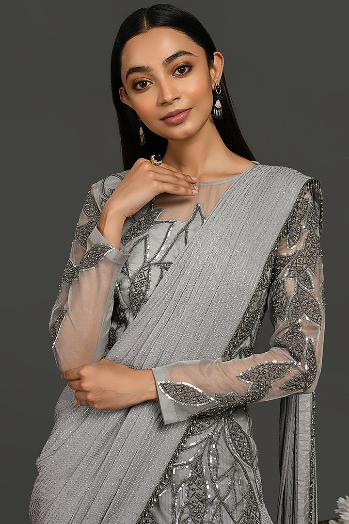 Grey Satin Engagement Gown Saree by Onaya at Pernia's Pop Up Shop