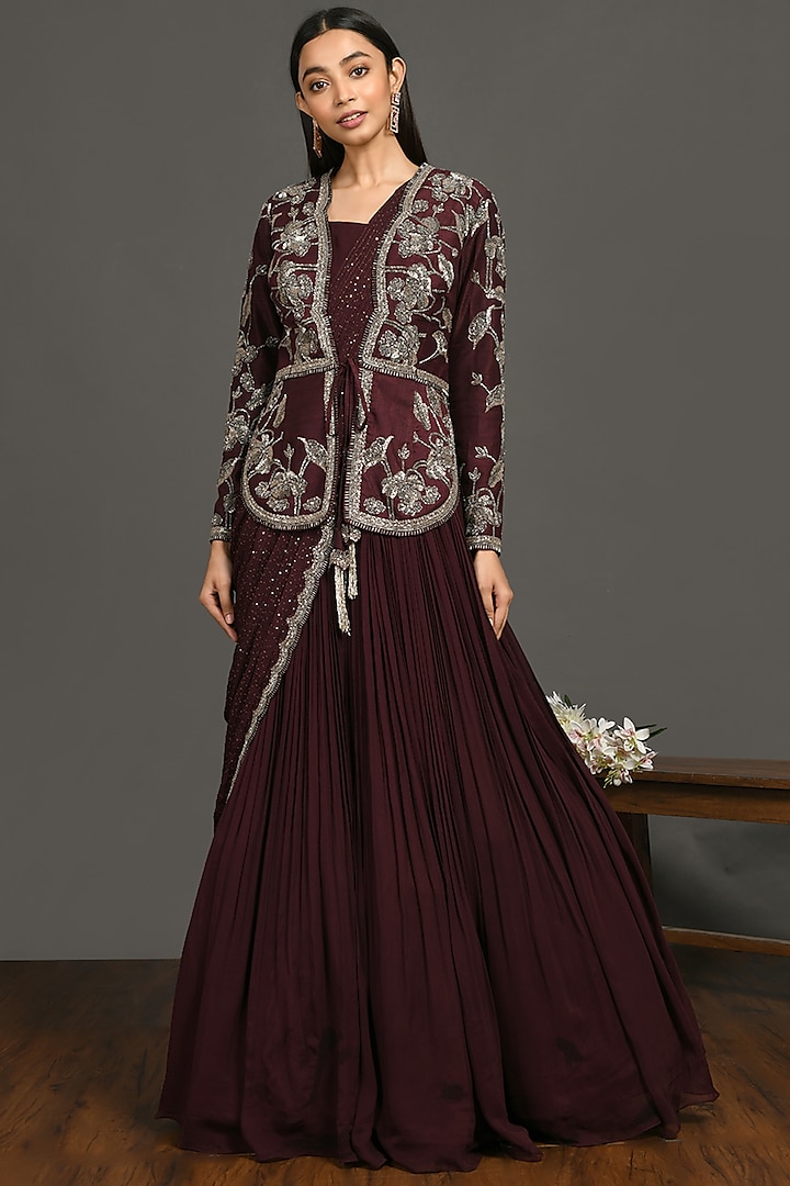 Wine Embroidered Engagement Gown With Jacket by Onaya at Pernia's Pop Up Shop