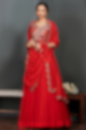 Red Organza Flared Wedding Lehenga Set by Onaya at Pernia's Pop Up Shop