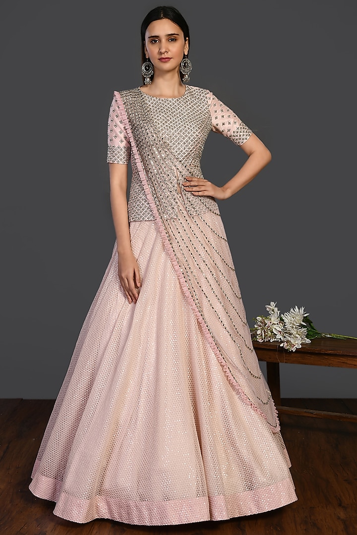 Powder Pink Embroidered Wedding Lehenga Set by Onaya at Pernia's Pop Up Shop