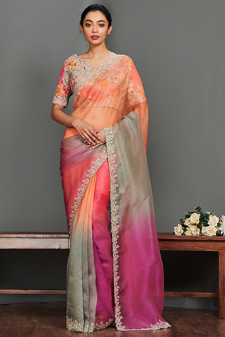 Multi-Colored Organza Saree Set by Onaya