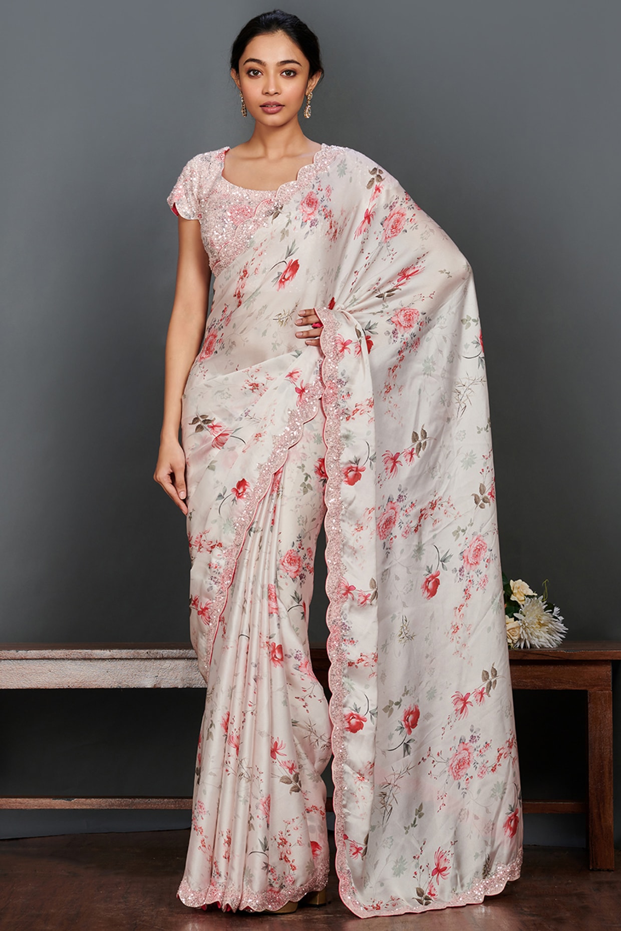 Contemporary Style Saree Floral Print Satin in White