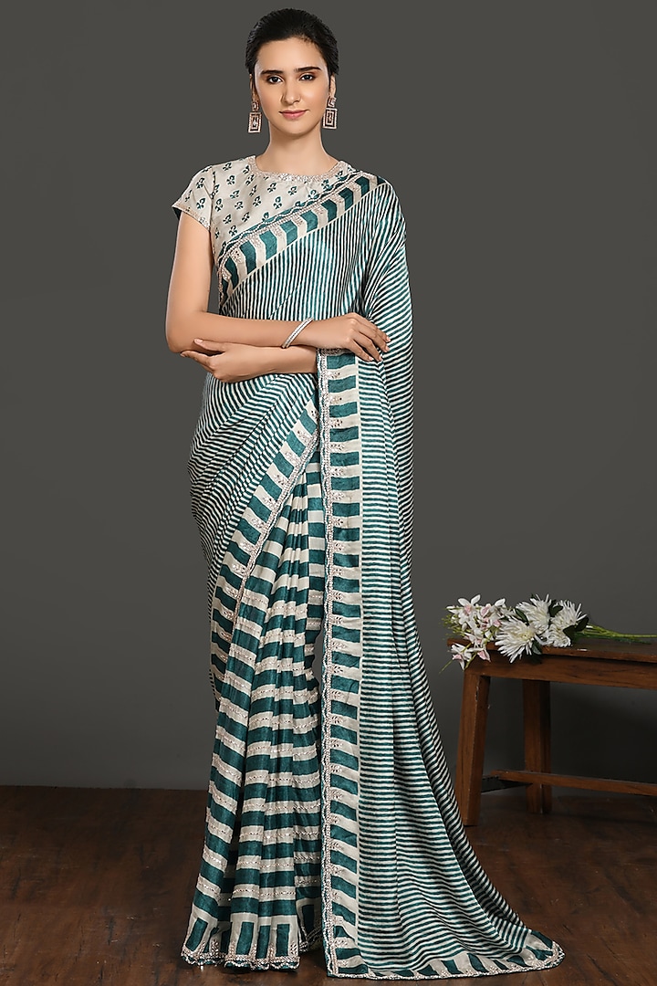 Dark Teal & Ivory Printed Saree Set by Onaya at Pernia's Pop Up Shop