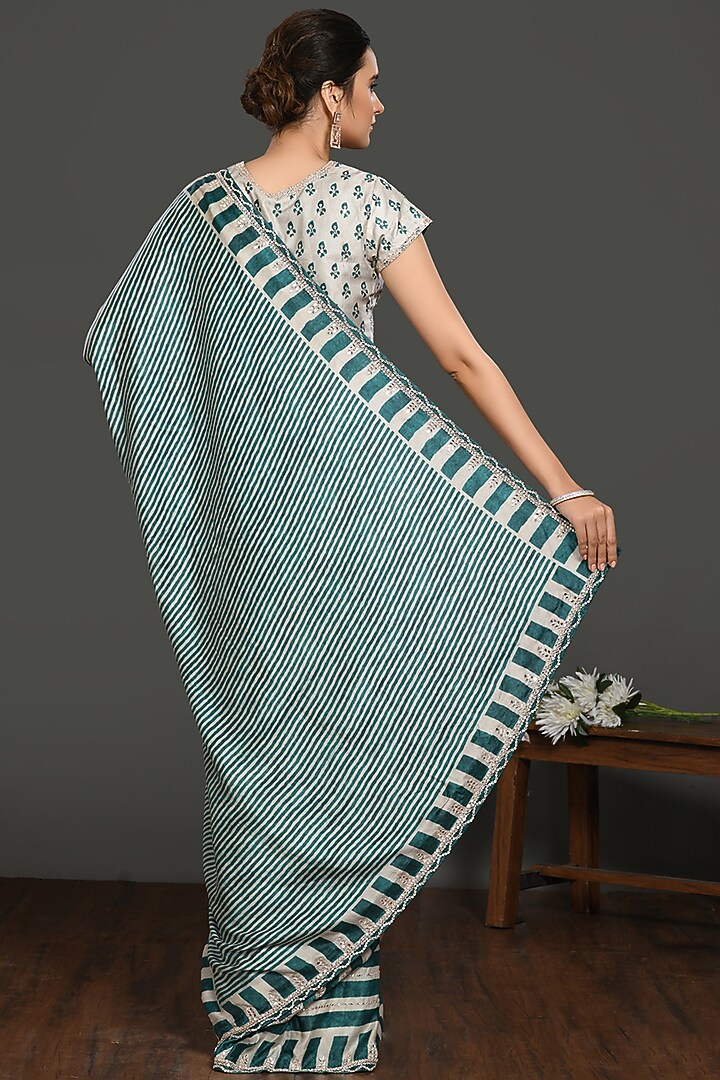 Dark Teal & Ivory Printed Festive Saree Set by Onaya at Pernia's Pop Up Shop