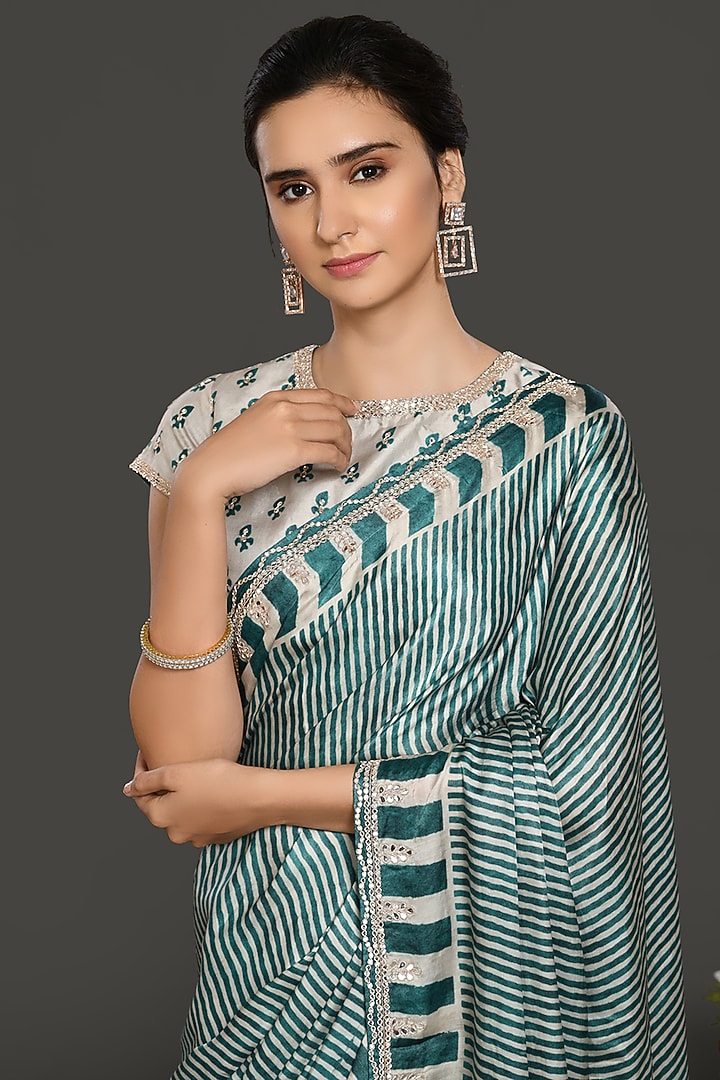 Dark Teal & Ivory Printed Festive Saree Set by Onaya at Pernia's Pop Up Shop