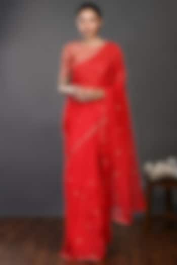 Red Embroidered Saree Set by Onaya