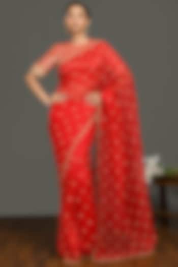 Bright Red Saree Set With Sequins Work by Onaya