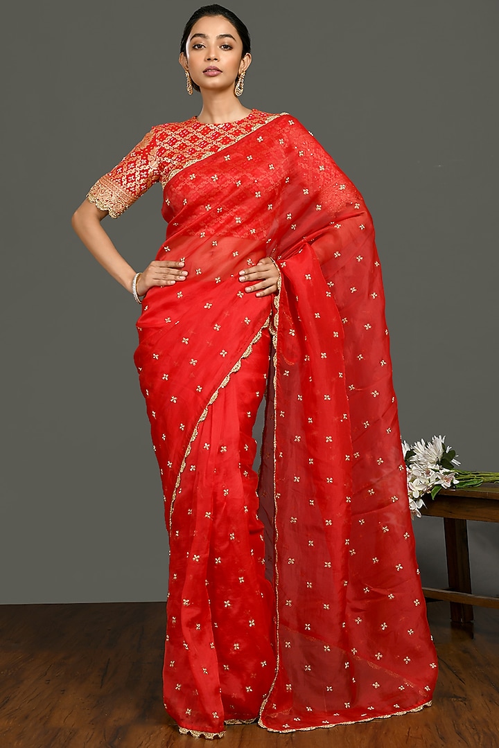 Bright Red Saree Set With Sequins Work by Onaya