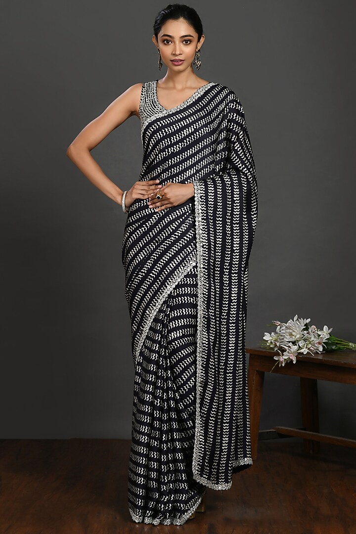 Navy Blue & Grey Festive Saree Set With Mirror Work by Onaya at Pernia's Pop Up Shop