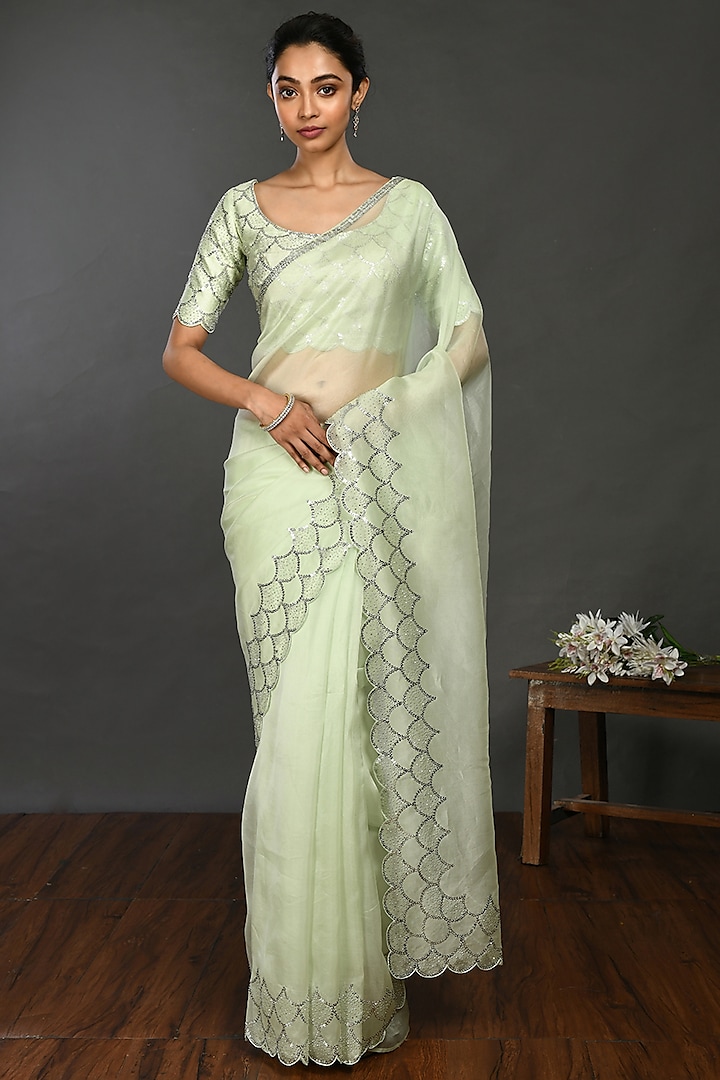 Pista Green Saree Set With Stone Work by Onaya at Pernia's Pop Up Shop