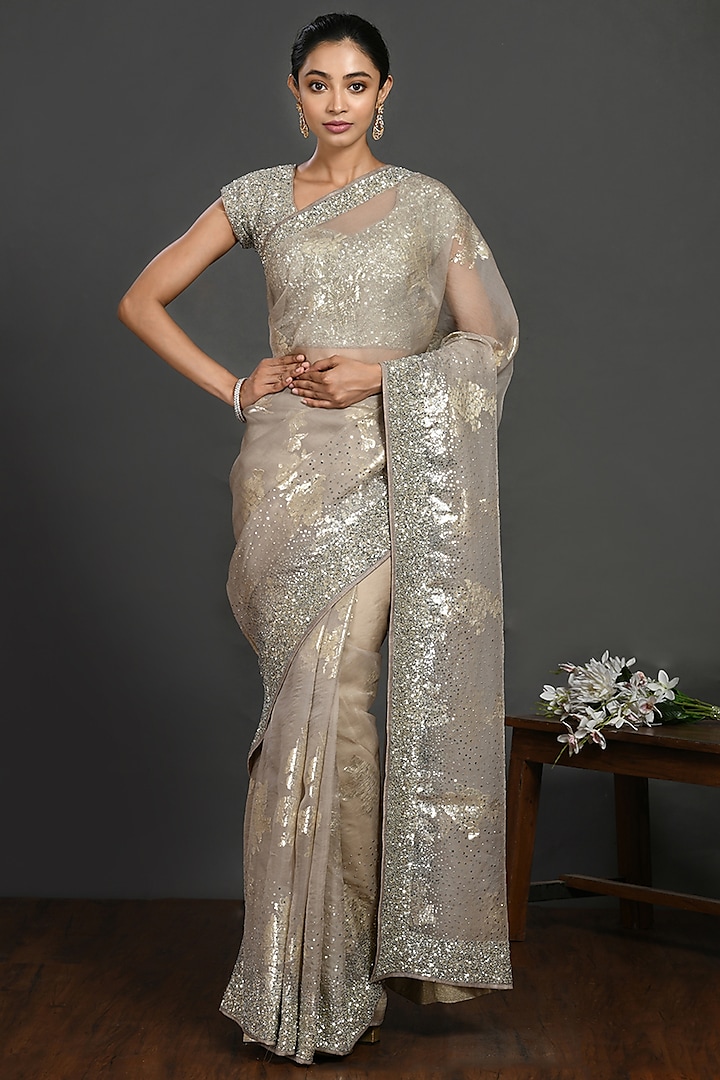 Grey Organza Saree Set With Cutdana Work by Onaya