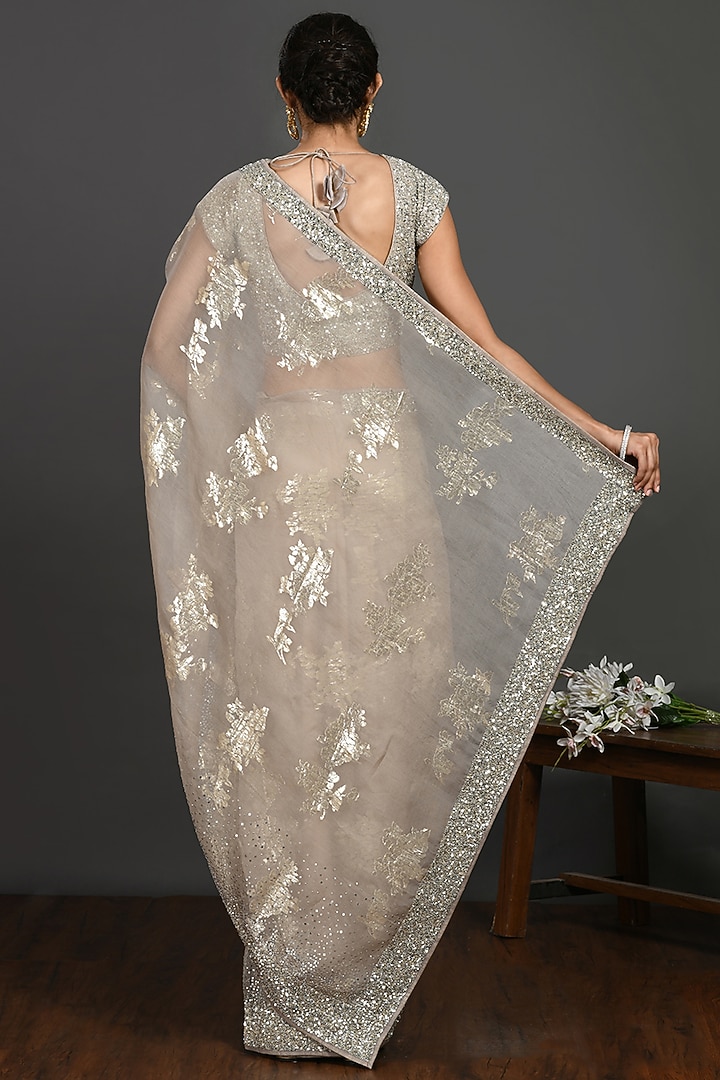 Grey Organza Party Wear Saree Set With Cutdana Work by Onaya at Pernia's Pop Up Shop
