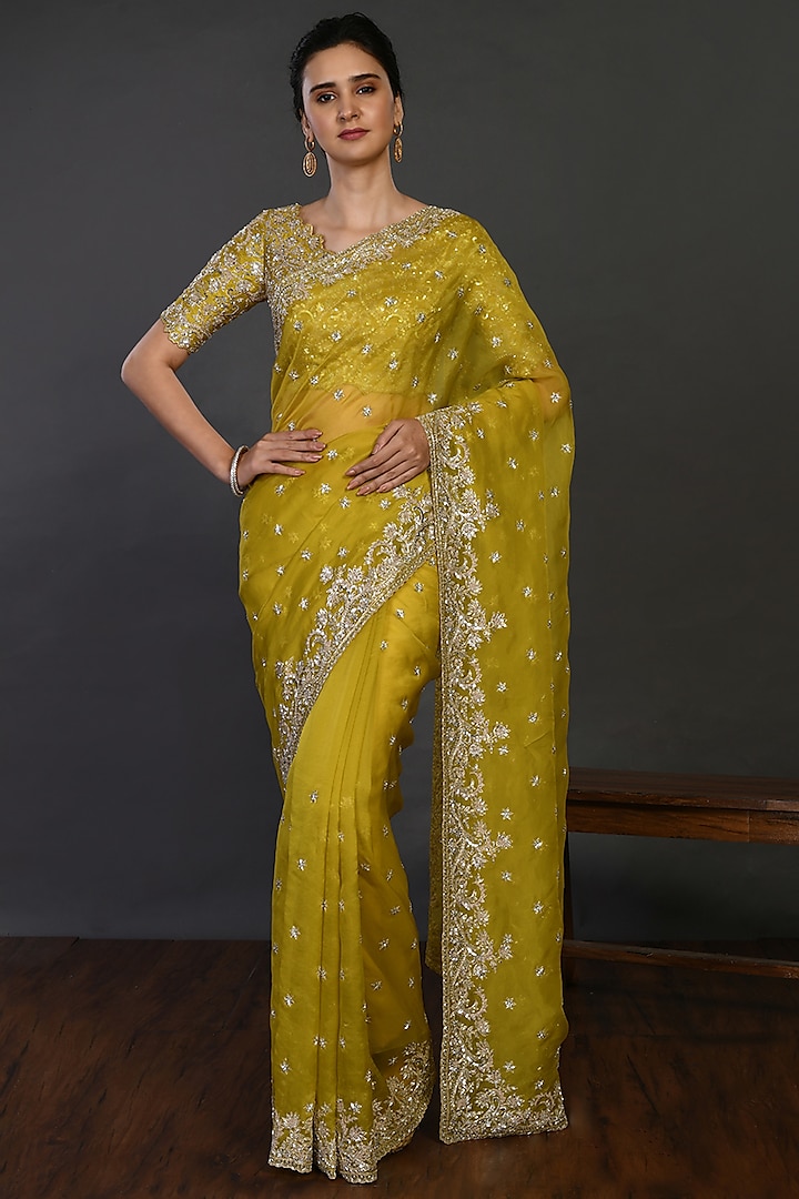 Green Organza Wedding Saree Set With Cutdana Work by Onaya at Pernia's Pop Up Shop