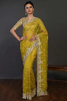 Green Organza Saree Set With Cutdana Work by Onaya-RAKSHA BANDHAN EDIT
