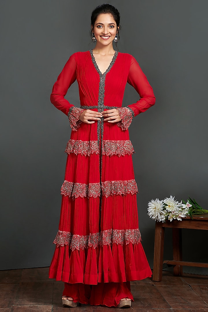 Red Floral Embroidered Anarkali Set by Onaya