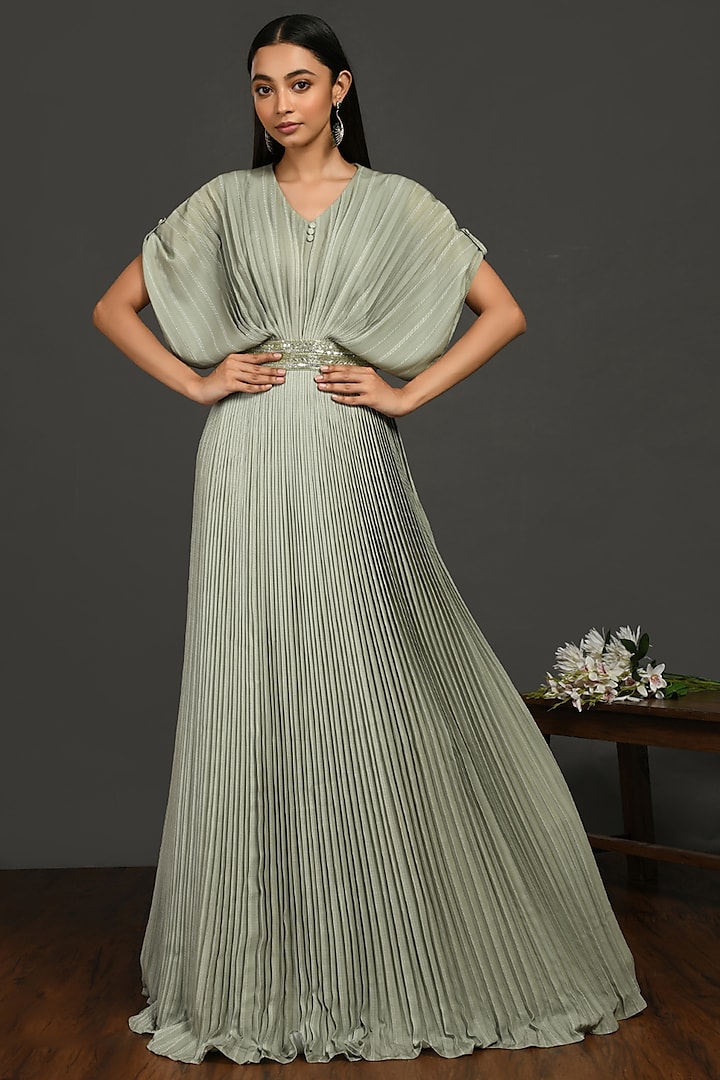 Green Pleated Gown With Belt by Onaya at Pernia's Pop Up Shop