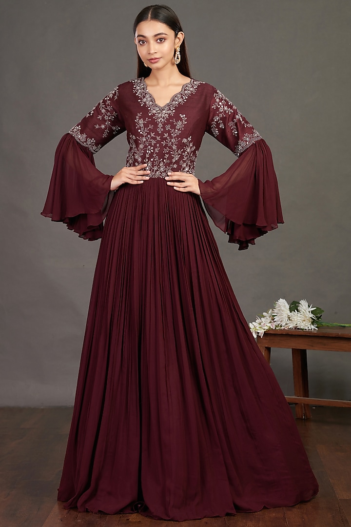 Wine Embroidered Flared Gown by Onaya