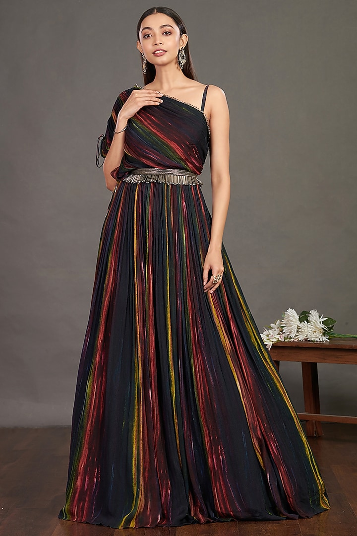 Black Printed Gown With Belt by Onaya at Pernia's Pop Up Shop