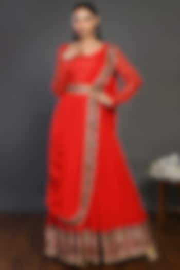 Red Zari Embellished Anarkali Set by Onaya
