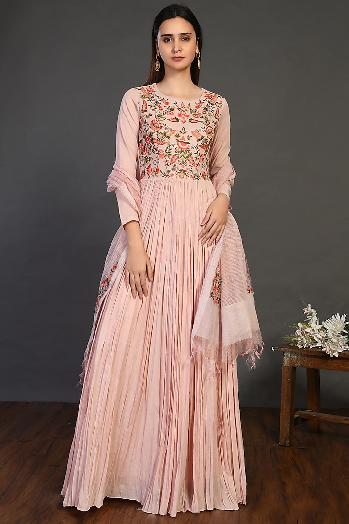 Pink Anarkali Set With Resham Work by Onaya