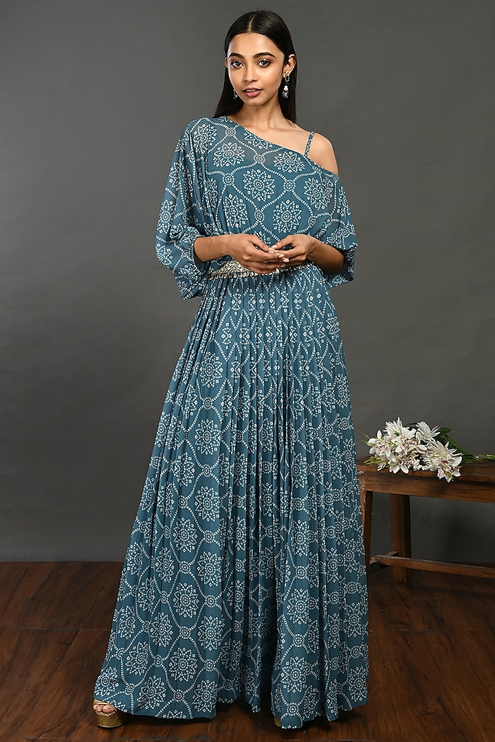 Blue Printed One-Shoulder Gown by Onaya