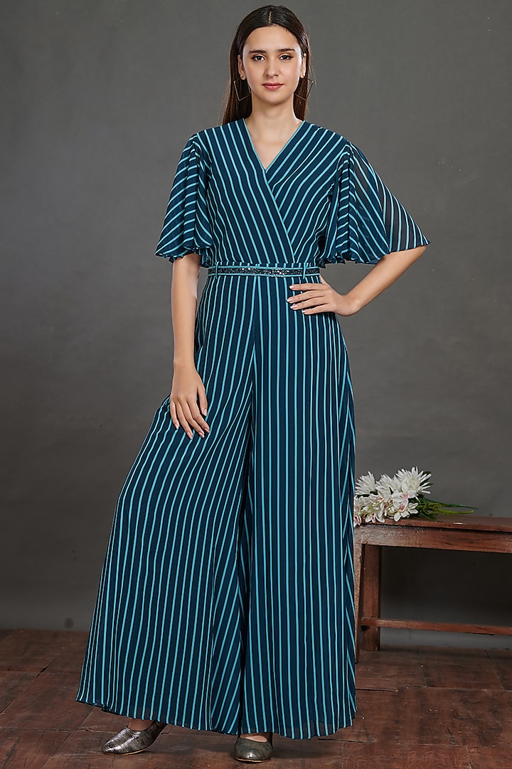 Teal Blue & Navy Blue Striped Flared Jumpsuit by Onaya