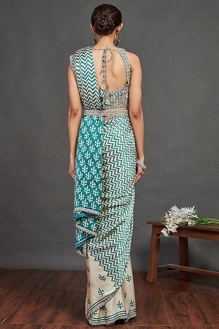 Ivory & Aqua Blue Printed Festive Saree Set by Onaya at Pernia's Pop Up Shop
